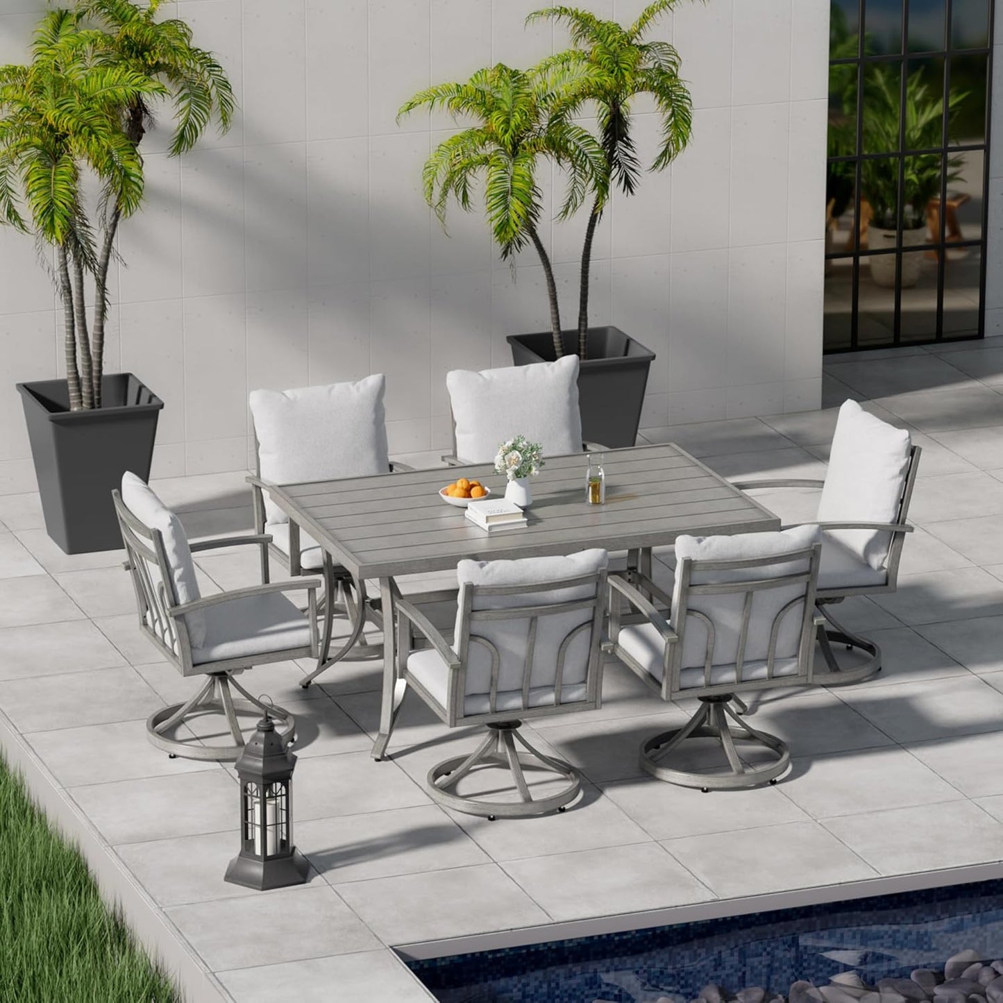 HAPPATIO Patio Dining Table for 6, Large Rectangle 60"×36.2", Patio Aluminum Slat Dining Table with 2.2" Umbrella Hole, All Weather Outdoor Table for Lawn, Garden and Poolside