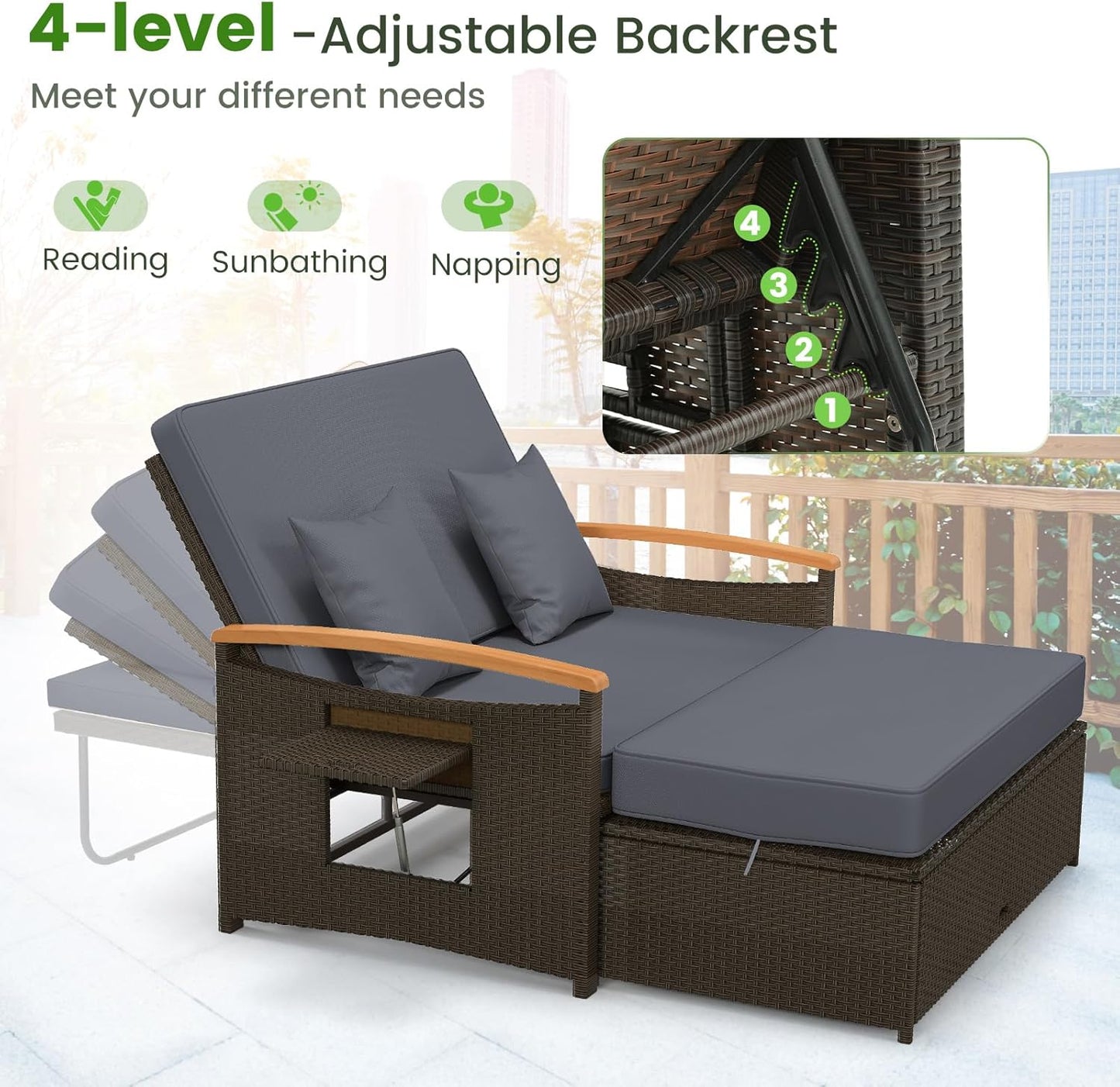 Tangkula Patio Rattan Daybed Set with Cushioned Loveseat and Storage Ottoman, Outdoor Double Chaise Lounger with 4-Level Adjustable Backrest and Retractable Side Trays for Backyard (Gray)