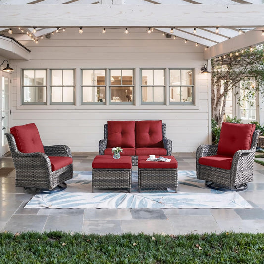 5 Piece Outdoor Patio Furniture Set - Wicker Furniture Patio Conversation Set, Outdoor Swivel Rocker Chairs with Loveseat Sofa and 2 Ottomans for Small Space, Red Cushion