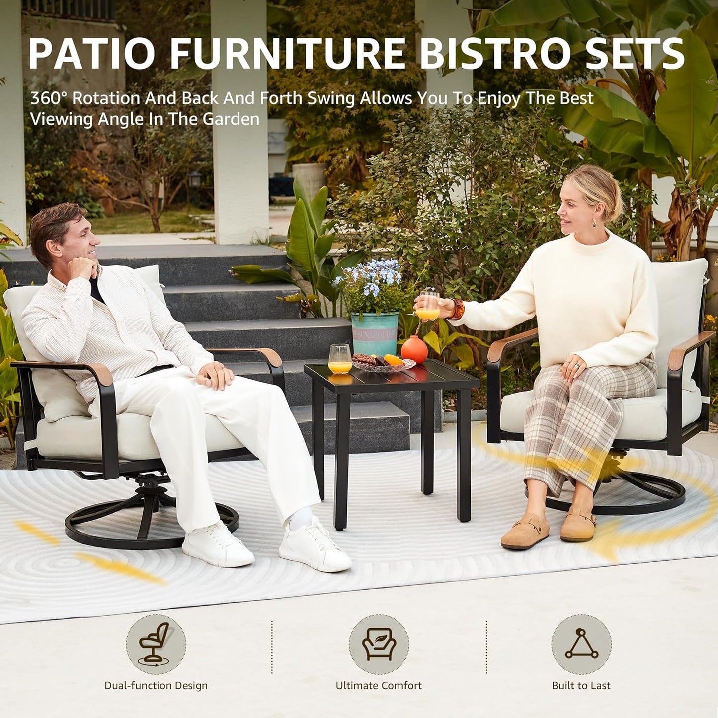 NATURAL EXPRESSIONS Outdoor Bistro Set, 3 Piece Swivel Glider Rocking Chairs Patio Conversation Furniture Set with 2 Rockers, 1 Metal Table and 6" Thick Cushions for Backyard, Porch, Balcony, 350lbs.