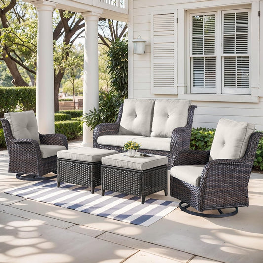 Outdoor Wicker Patio Furniture Set - 5 Piece Rattan Patio Conversation Set with 2 Rocking Swivel Chairs,2 Ottomans and 1 Loveseat for Porch Deck Backyard Garden(Brown/Beige)