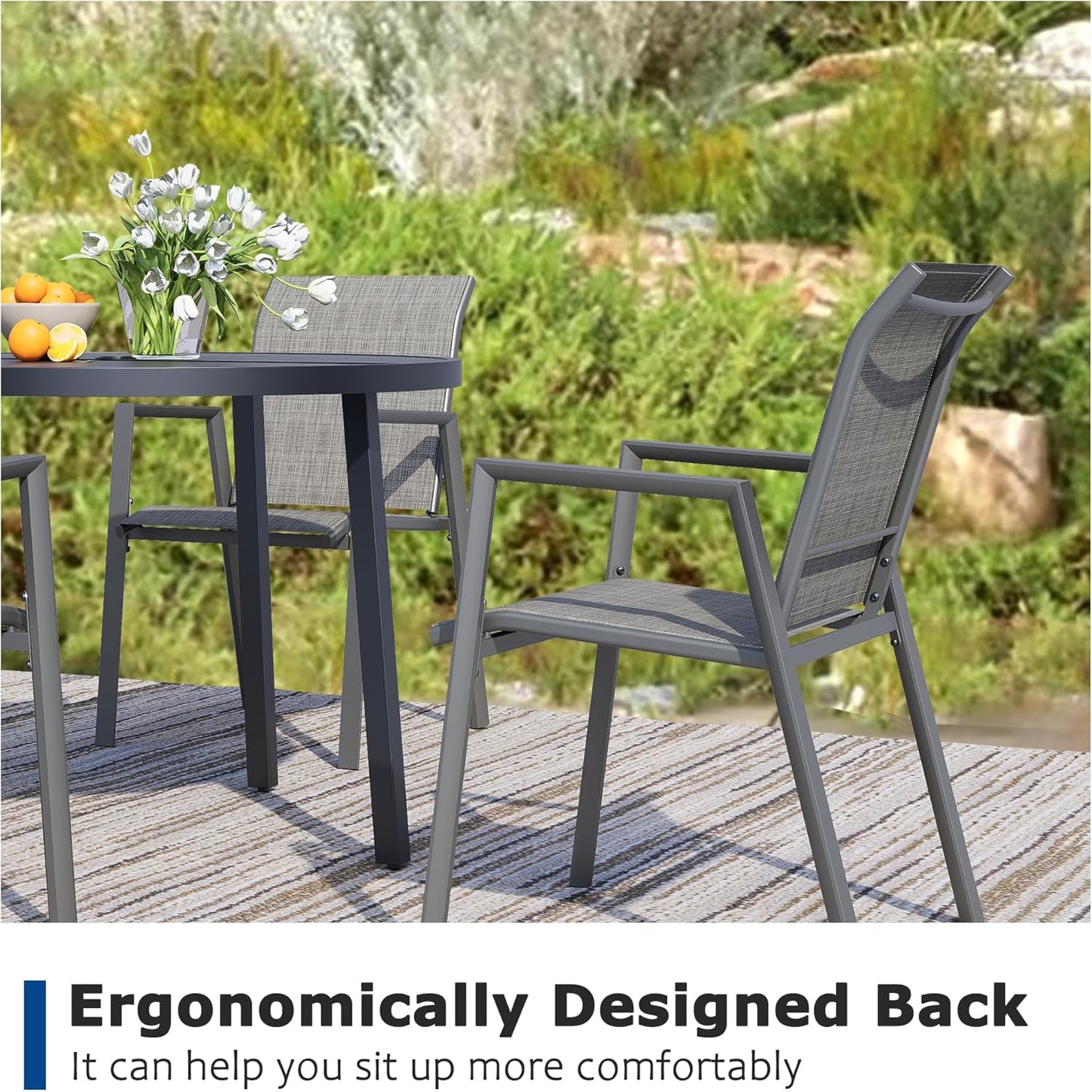 Outdoor Patio Chairs Set of 4, Grey Stackable Outdoor Chairs, Lightweight Patio Set with High Back, Metal Dining Chair for Lawn, Garden, Yard and Deck