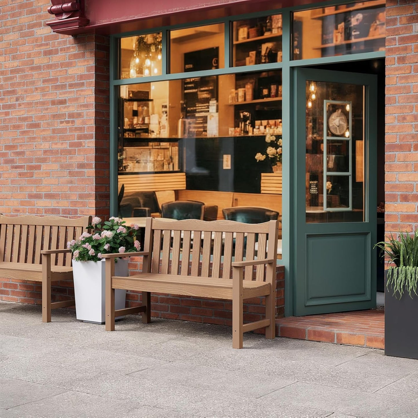 Outdoor Benches Set of 2, 2-Person Poly Lumber Garden Bench, Never Rot or Fade, Looks Like Real Wood, Teak