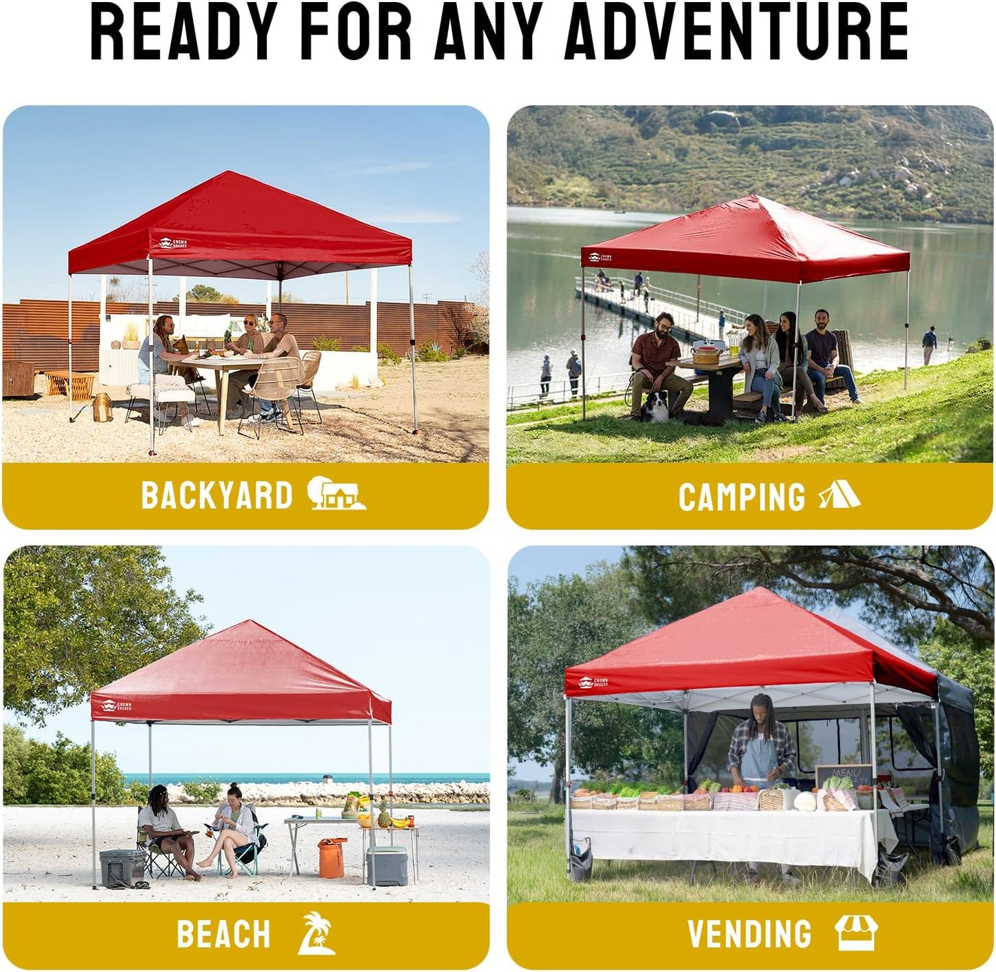 CROWN SHADES 8x8 Pop Up Canopy - Beach Tent with One Push Setup - Easy Outdoor Sun Shade for Events, Parties, Camping - Gazebo with STO-N-Go Cover Bag, Silver Coated Top, Red