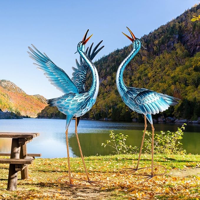 chisheen Crane Garden Statues Outdoor Metal Heron Yard Art Crane for Garden Sculptures Patio Lawn Ornaments,Set of 2