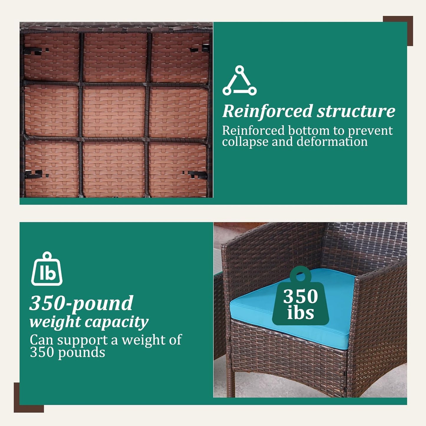 3 Piece Patio Furniture Set - Outdoor Conversation Sets with Coffee Table, Rattan Chair Set for Garden/Poolside, Brown/Green