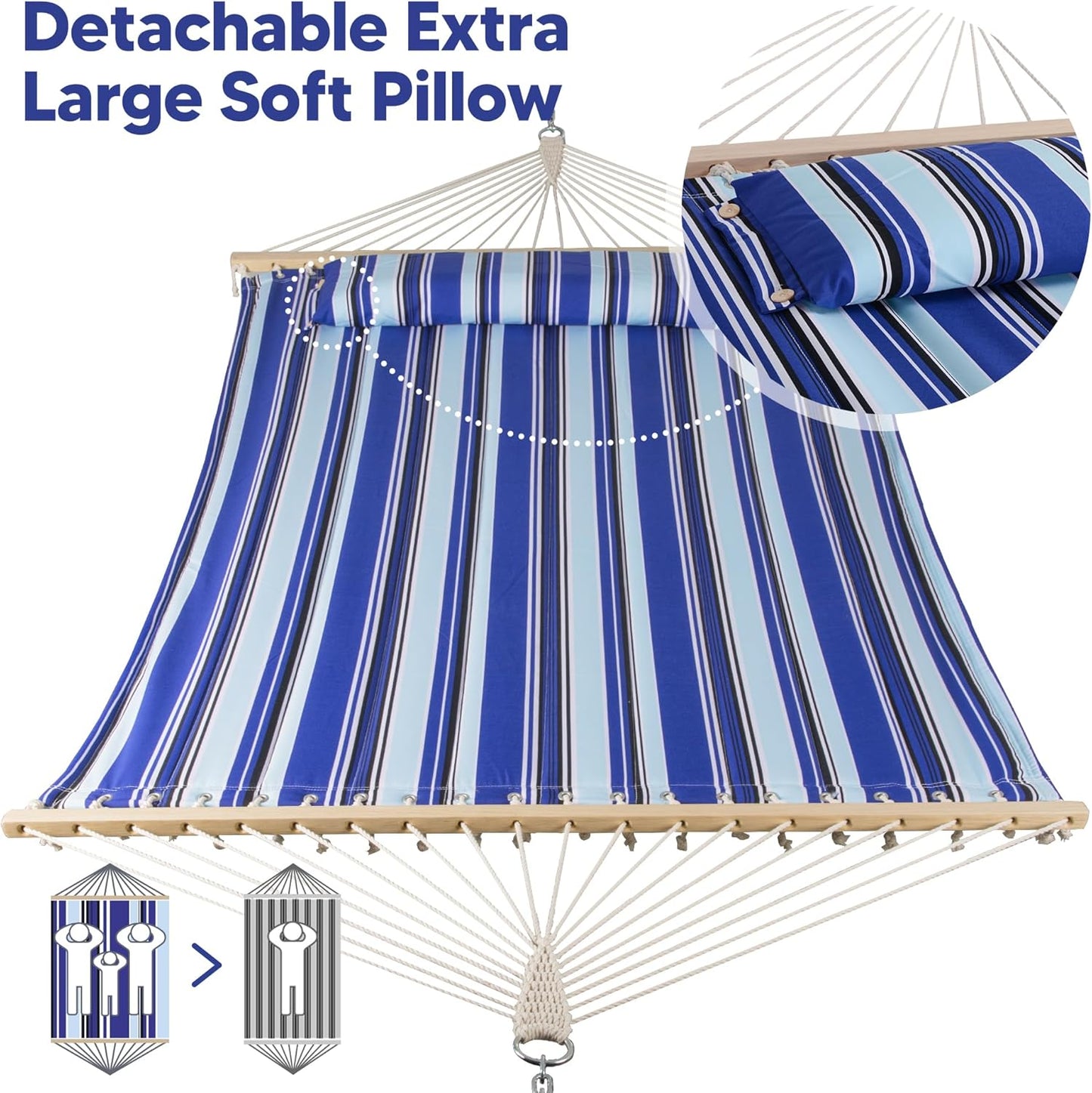 SUNCREAT Hammocks Quilted Fabric Hammock, Double Hammock with Spreader Bar, Soft Pillow, Max 475lbs Capacity, Blue Stripes