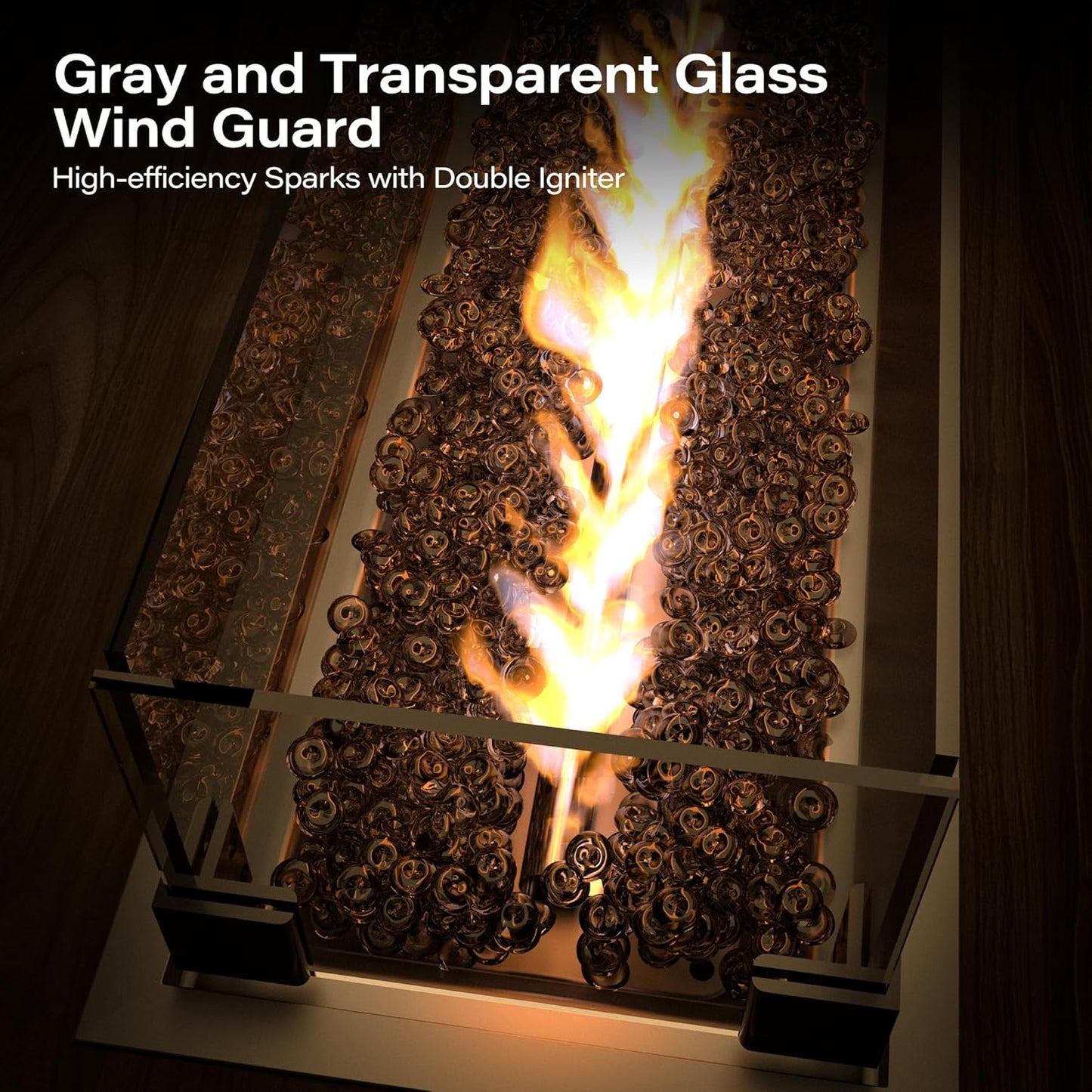 LAUSAINT HOME Propane Fire Pit Table 43 Inch with Lid, 55,000 BTU Gas Fire Pits for Outside Patio with Glass Wind Guard, Gray Glass Beads