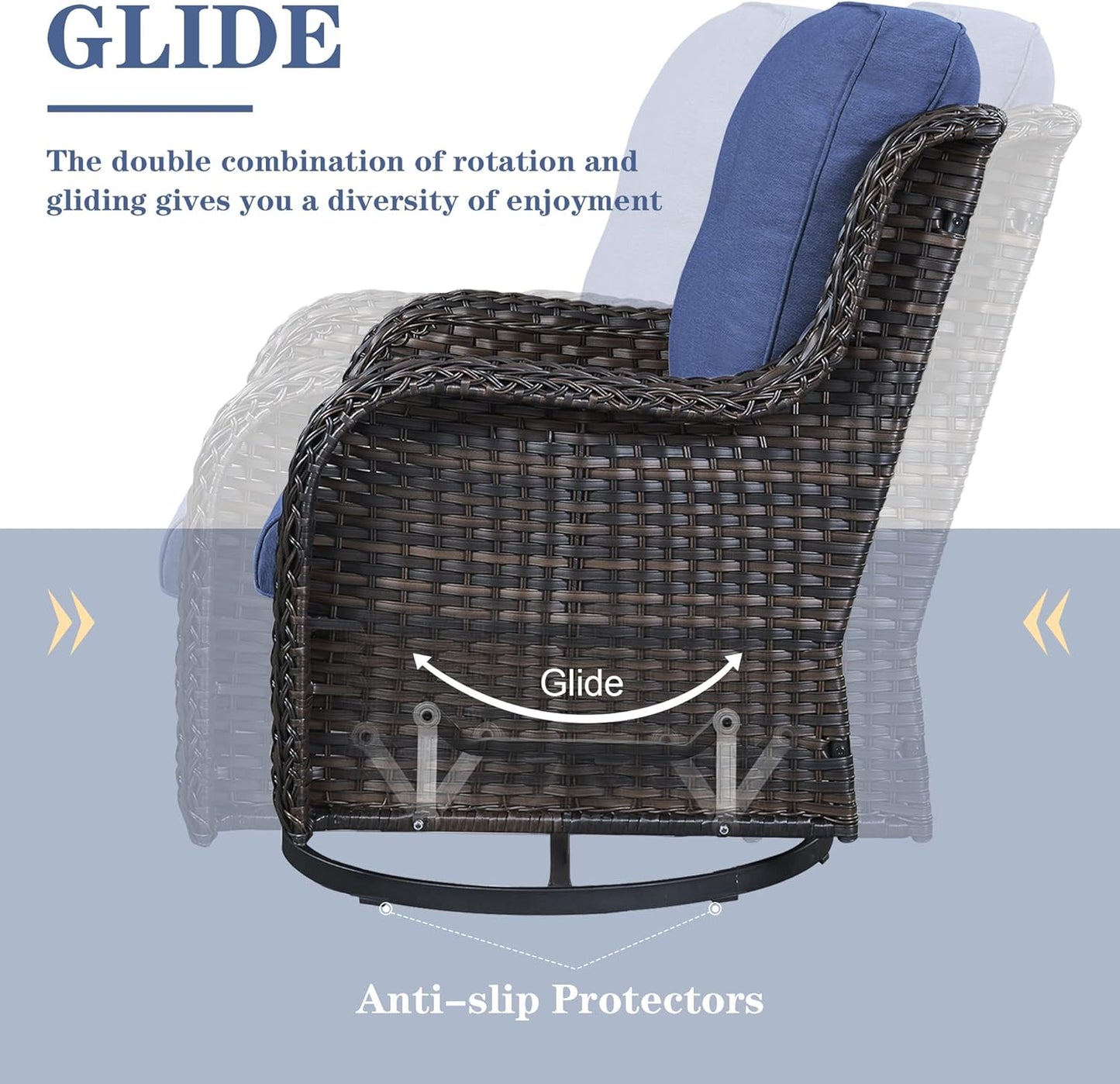 Outdoor Patio Furniture Set with Propane Fire Pit Table, 7 Pieces Wicker Patio Conversation Set with 2 Swivel Glider Rocker Chairs Rattan Sofa Blue Cushion Perfect for Casual Gathering