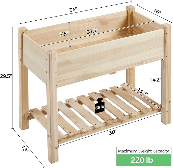 Yaheetech 34x18x30in Raised Garden Bed, Planter Box with Legs & Storage Shelf, Wooden Elevated Vegetable Growing Bed for Backyard, Patio, Balcony