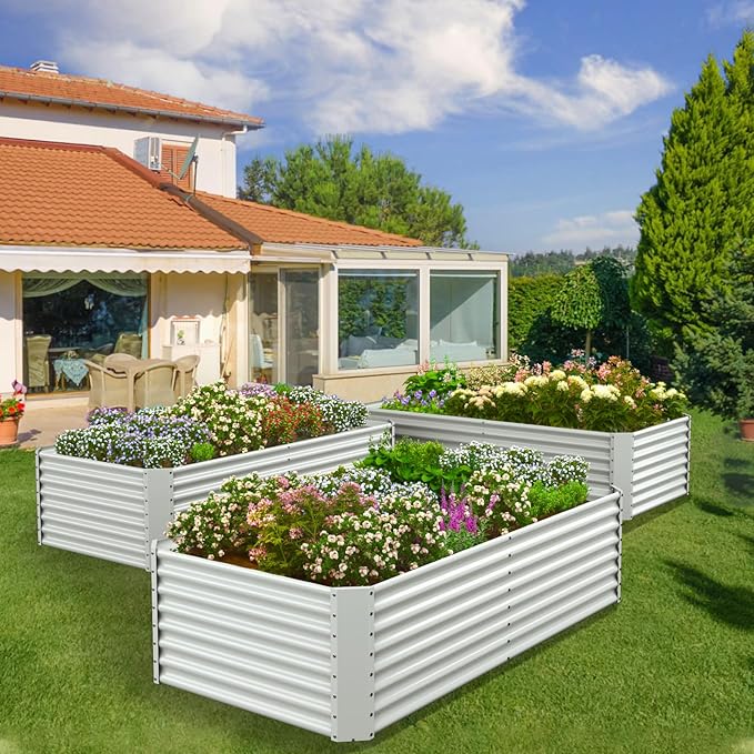 8x4x2ft Galvanized Raised Garden Bed Outdoor, Metal Garden Bed for Vegetables, Above Ground Garden Box for Flower, Steel Raised Beds for Gardening - White
