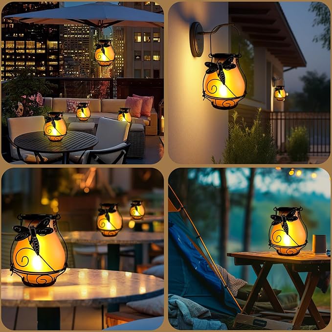 Solar Lanterns, Hanging Outdoor Lantern with Dragonflies LED Flickering Flameless Candles, Solar Lanterns Outdoor Waterproof for Table Party Decorative Yard Pathway (Dragonflies)