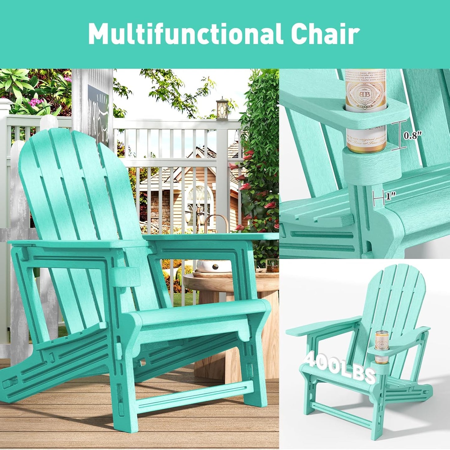 Adirondack Chairs Set of 4, Tool-Free Assembly All-Weather Plastic Adirondack Chairs, HDPE Fire Pit Chairs with Cup Holder, Outdoor Chair for Patio Garden (Aruba)