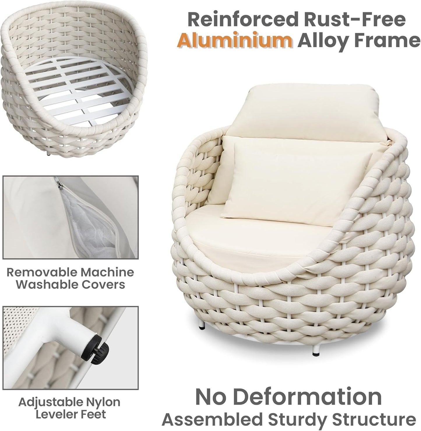 Woven Rope Outdoor Sofa Set: 4 Pieces Aluminum Patio Conversation Set Assembled - All Weather Cushioned Porch Furniture Couch - Modern Metal Lounge Set for Deck Yard Resort Hotel Sunroom, Beige