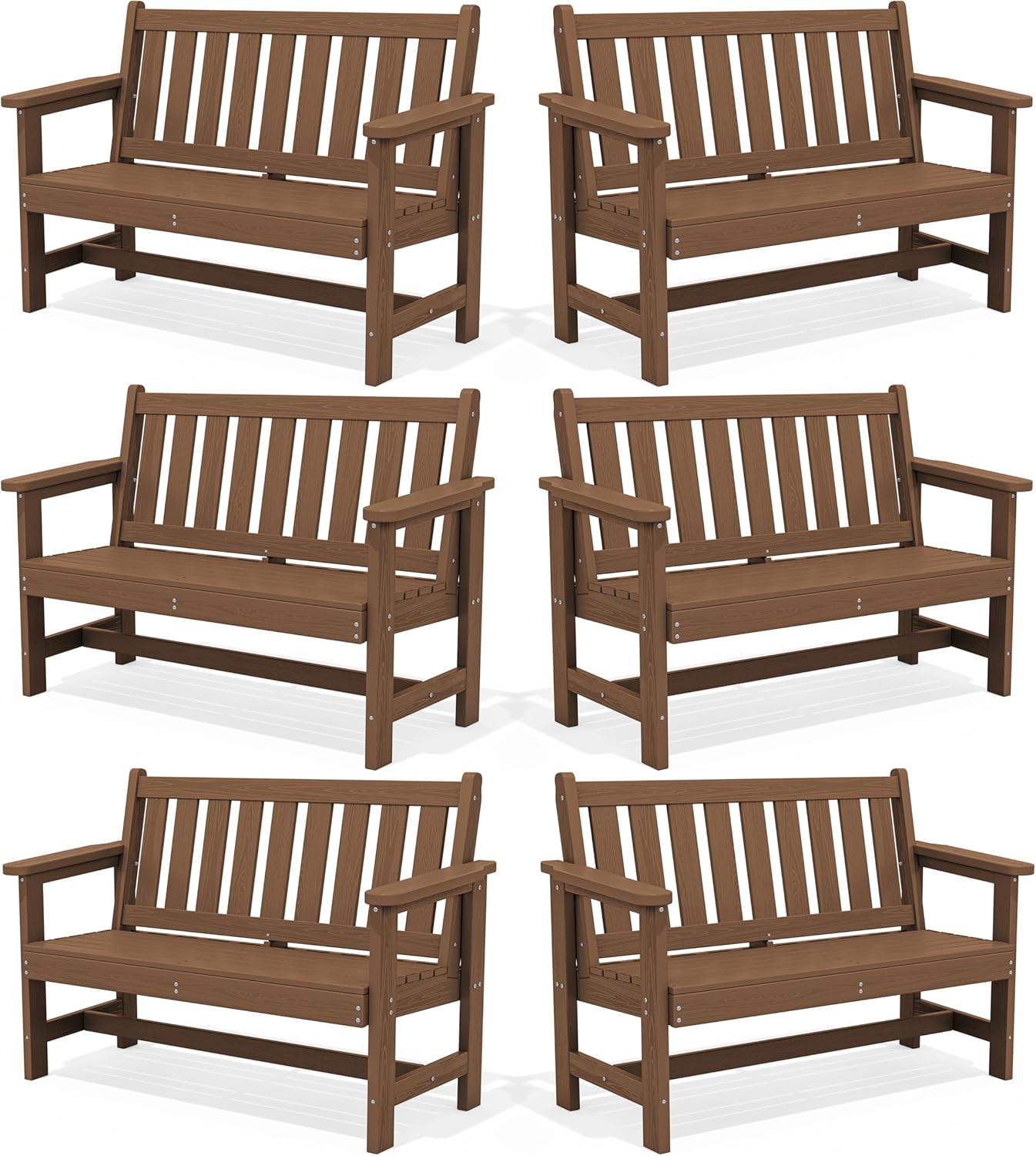 SERWALL Outdoor Bench, HDPE Outdoor Benches Weatherproof, 2-Person Garden Bench with 660 lbs Weight Capacity, Patio Benches for Outdoors, Garden, Porch, Backyard and Park, Brown, 6 Pack