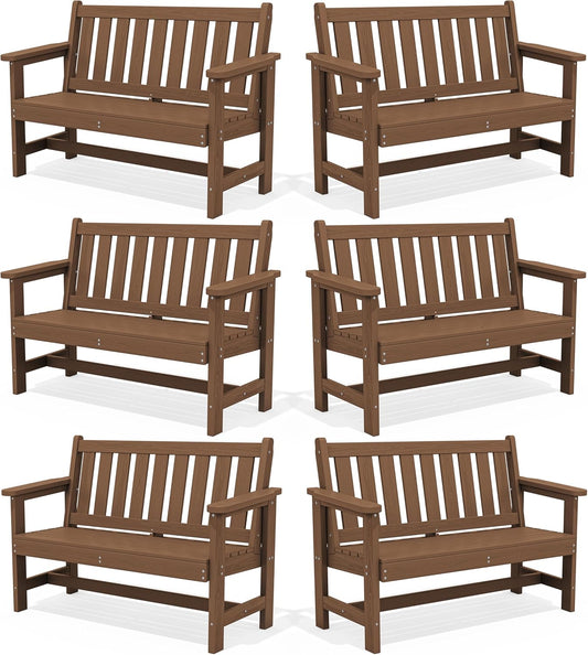 SERWALL Outdoor Bench, HDPE Outdoor Benches Weatherproof, 2-Person Garden Bench with 660 lbs Weight Capacity, Patio Benches for Outdoors, Garden, Porch, Backyard and Park, Brown, 6 Pack