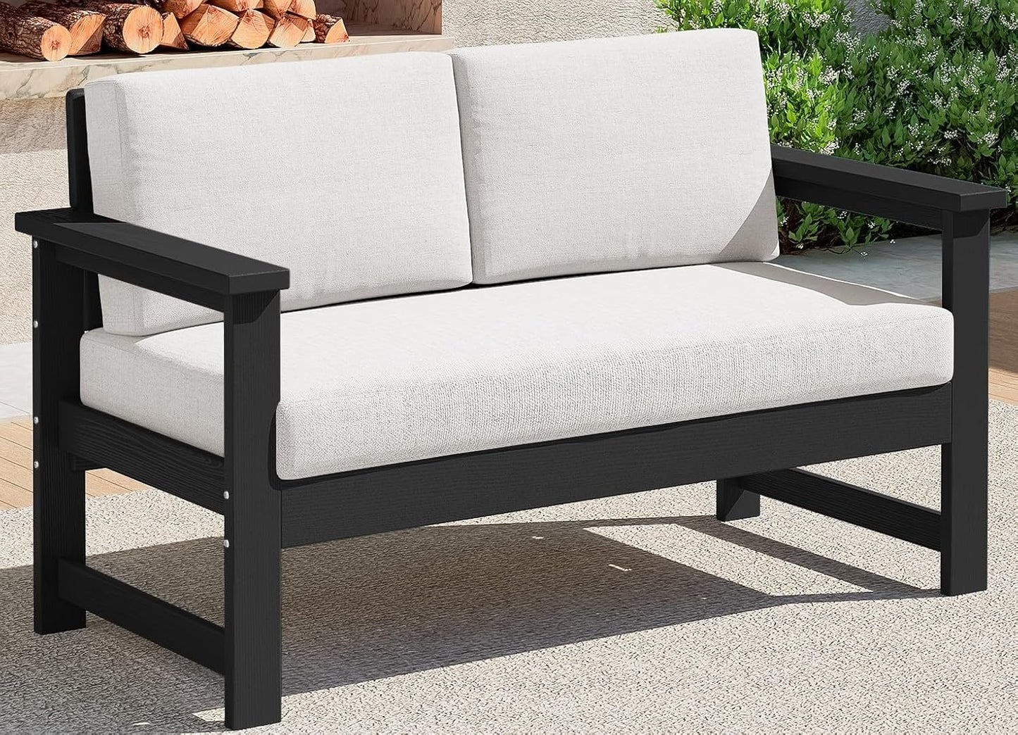 SERWALL Black HDPE Outdoor Loveseat with Khaki Cushions, All Weather Use Outdoor Loveseat Sofa, Black Frame with Khaki Cushions