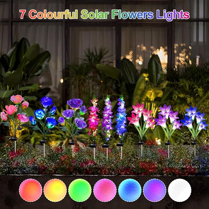 Solar Flowers Lights, 6 Pack Lily Rose Delphinium, Waterproof Gardening Gifts for Mom, Multi-Color Changing Outdoor Lights for Garden, Yard, Patio, Lawn