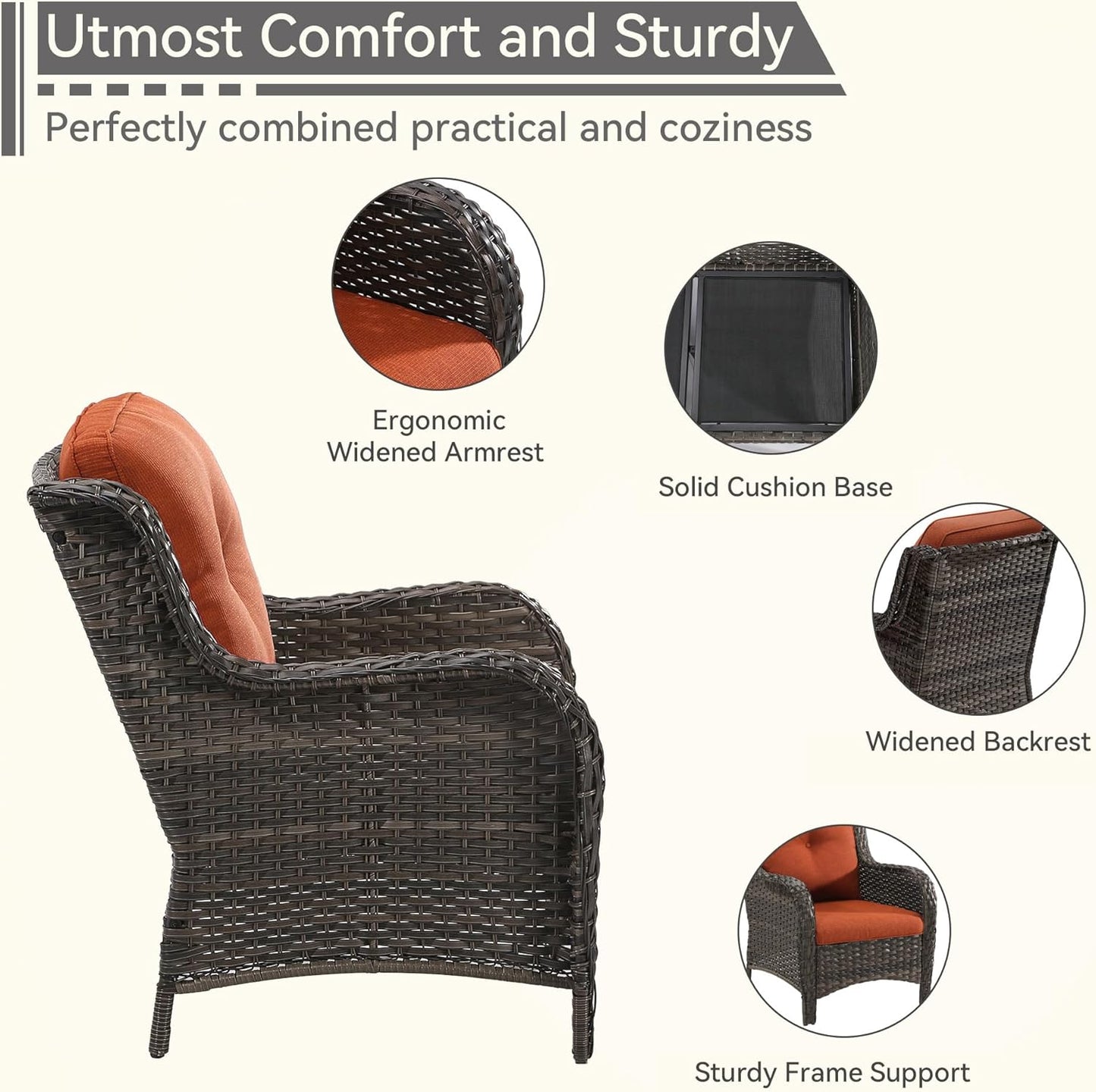 Patio Conversation Set 5-PCS Wicker Outdoor Furniture Conversation Set with 3-Seat Sofa, 2 Armchair, 2 Ottoman Patio Rattan Wicker Sectional Sofa Set with Olefin Cushion, Orange