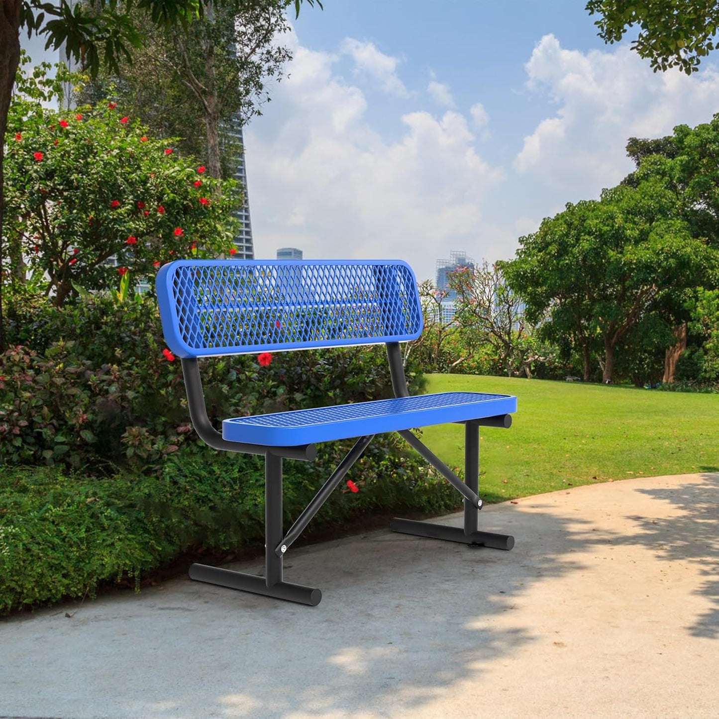 4/6/8 Feet Park Bench for Outside Heavy Duty Metal, Garden Benches Outdoor Bench with Backrest & Portable Frame, for Shopping Malls Stores Parks Patios Decks, Blue