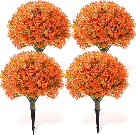 Yunlly 4 Pack 18" Artificial Boxwood Ball Bush Topiary Trees Fake Outdoor Plants, Realistic UV Resistance Faux Shrubs with Spike Greenery Topiary for Front Porch Garden Yard Patio Indoor (Orange)