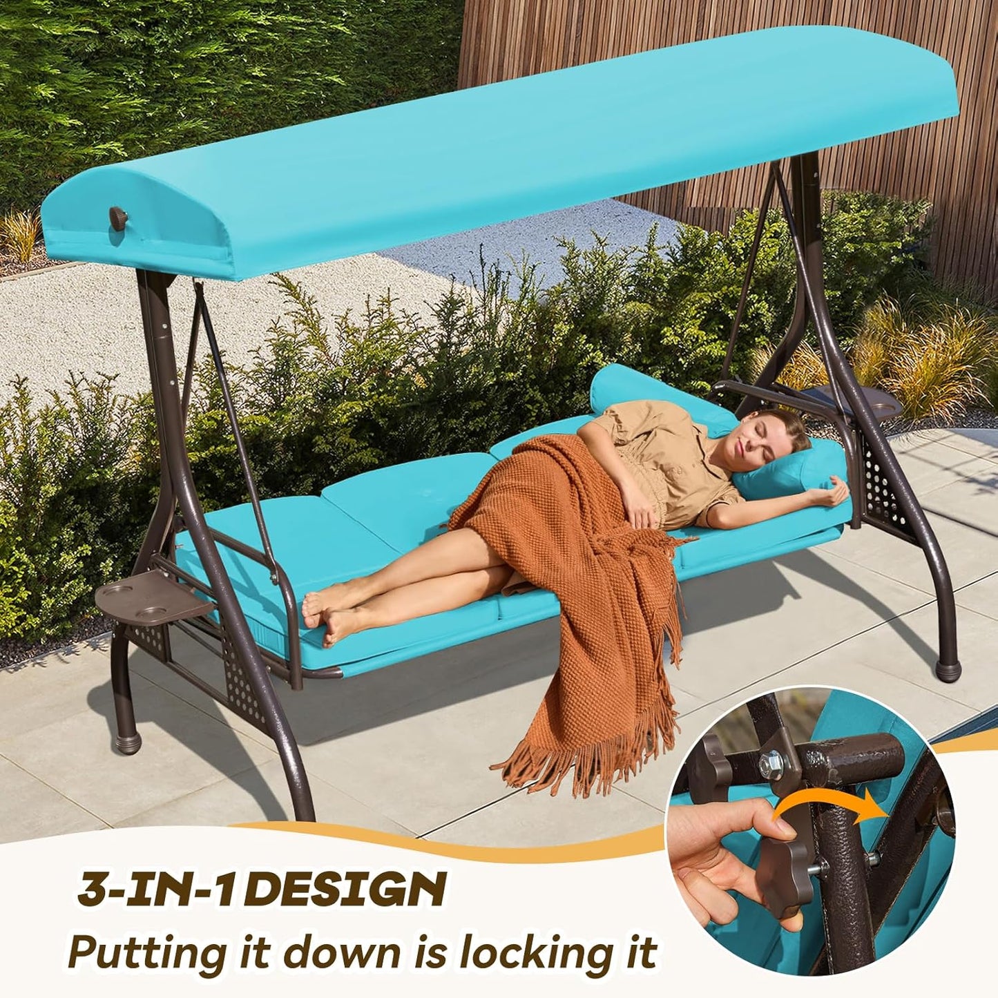 3 in 1 Patio Swing with Adjustable Canopy for Adults, 3 Seat Outdoor Swing with Thickened Cushions,Pillows & Cup Holders for Backyard, Porch, Garden (Lake Blue)