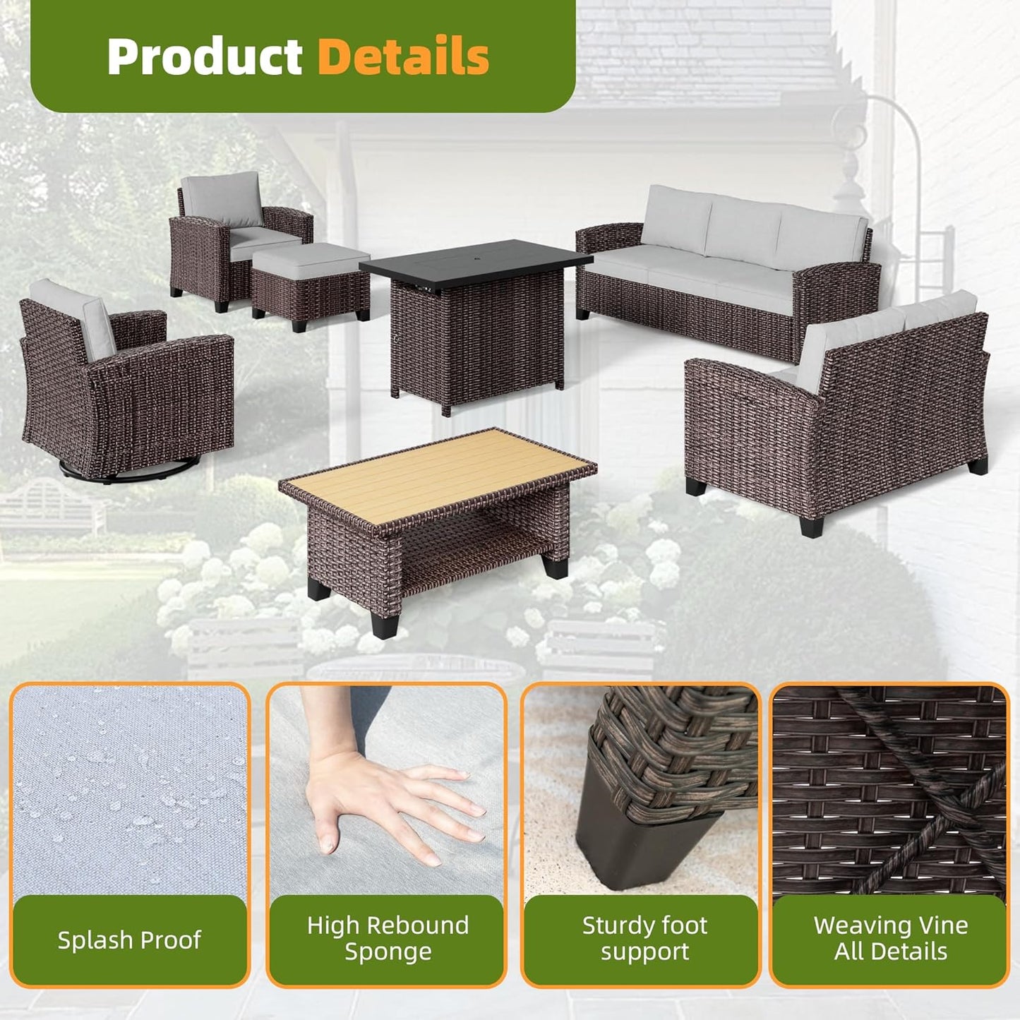 Outdoor Patio Sectional Sofa Set, 5-Piece Rattan Furniture, Patio Conversation Sets with Sofa, Ottomans for Seats 4, Light Grey