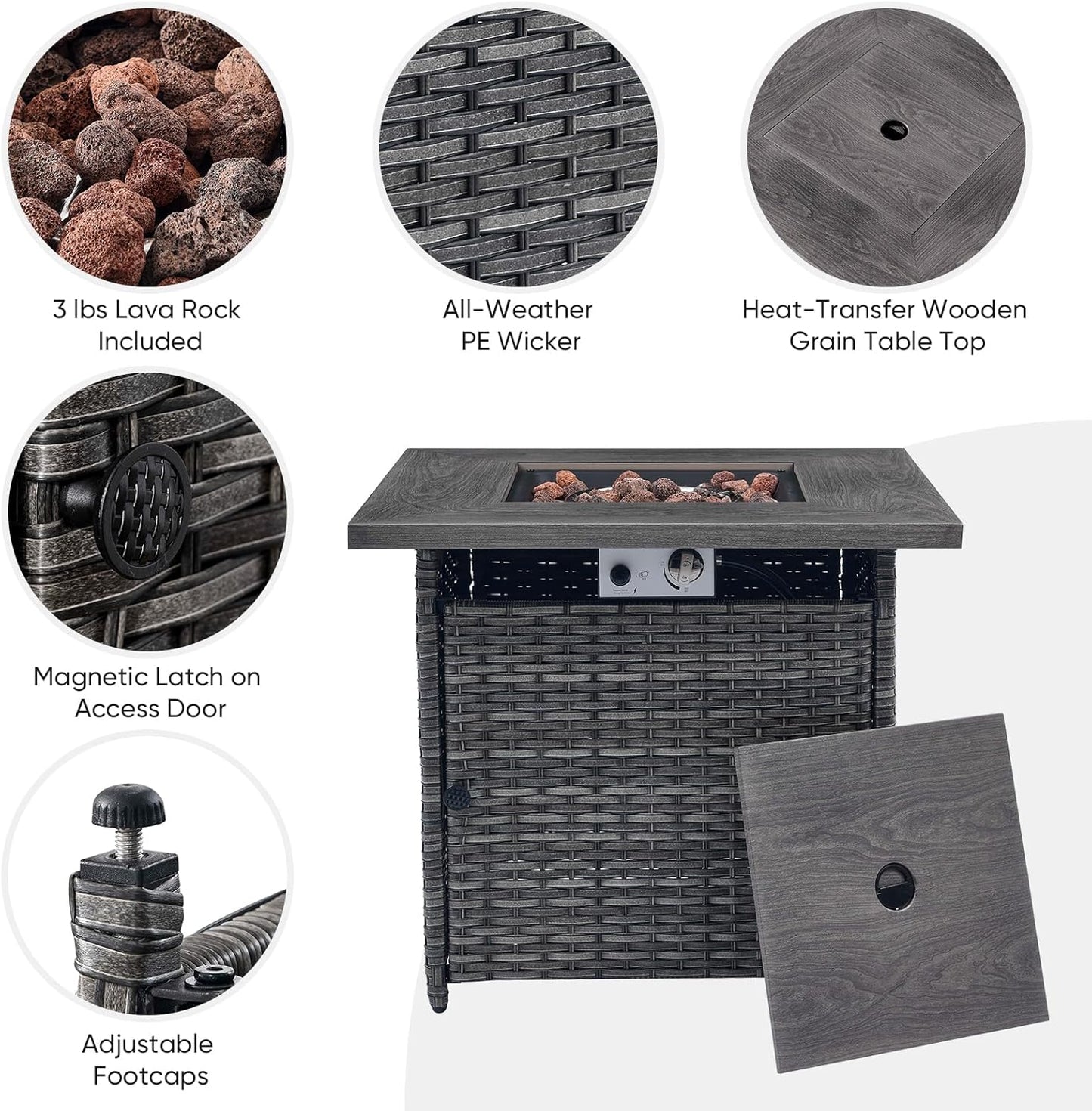 Outdoor Sectional Sofa Furniture Set with 50000BTU Propane Fire Pit Table, Wicker Patio Conversation Set with 2 Swivel Glider Rocker Chairs Blue Cushion Perfect for Backyard Casual Gathering