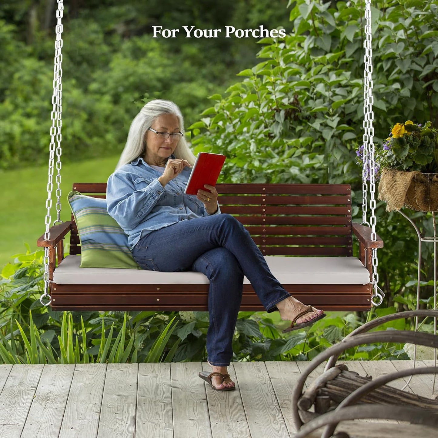 VINGLI Heavy Duty 880 LBS Patio Wooden Porch Swing Outdoor with Extra Cushion, Farmhouse Hanging Bench Tree Swing with Adjustable Chains for Yard | Garden | Lawn | Balcony (5 FT, Rustic)