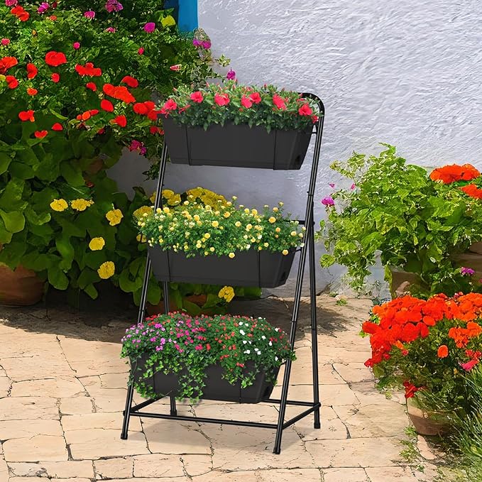 Raised Garden Bed 3 Tier Vertical Garden Planter Elevated Planter Boxes Outdoor Herb Planter with Drainage Holes Removable Tray for Patio Balcony Porch Black