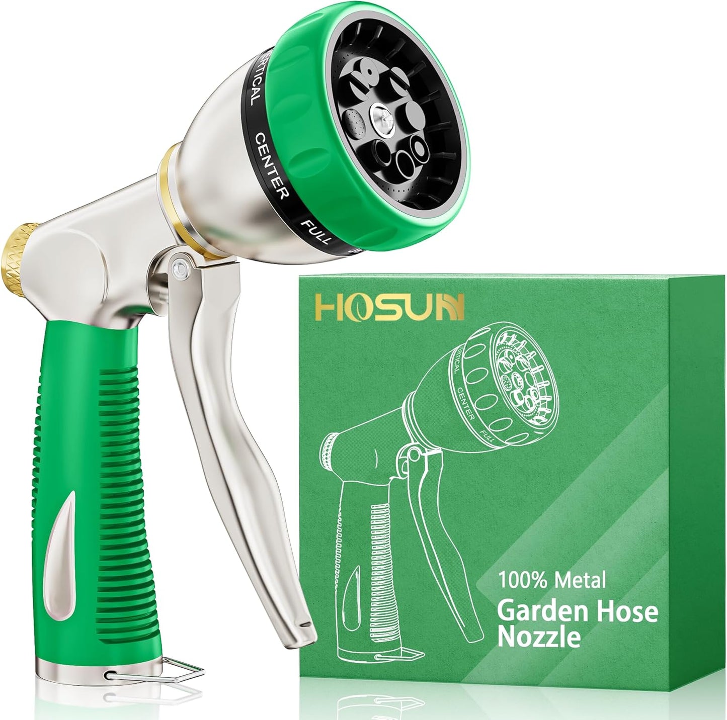 HOSUN Garden Hose Nozzle Sprayer Heavy Duty, 100% Metal Water Hose Nozzle with 8 Spray Patterns, High Pressure Hose Spray Nozzle with Non-Slip Grip for Watering Plant & Lawn, Washing Car & Pet, Green