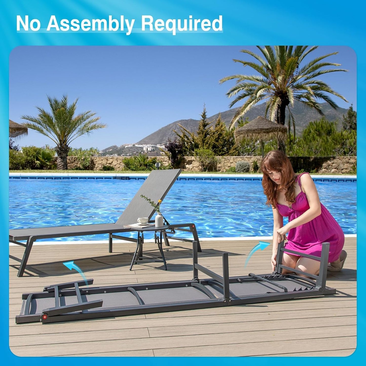 Aluminum Chaise Lounge Chair Outdoor, Foldable Patio Lounge Chair 2 Sets with Table Assemble-Free, Pool Lounge Chairs with 5 Adjustable Backrest, Outdoor Lounge Chairs for Outside Poolside Beige