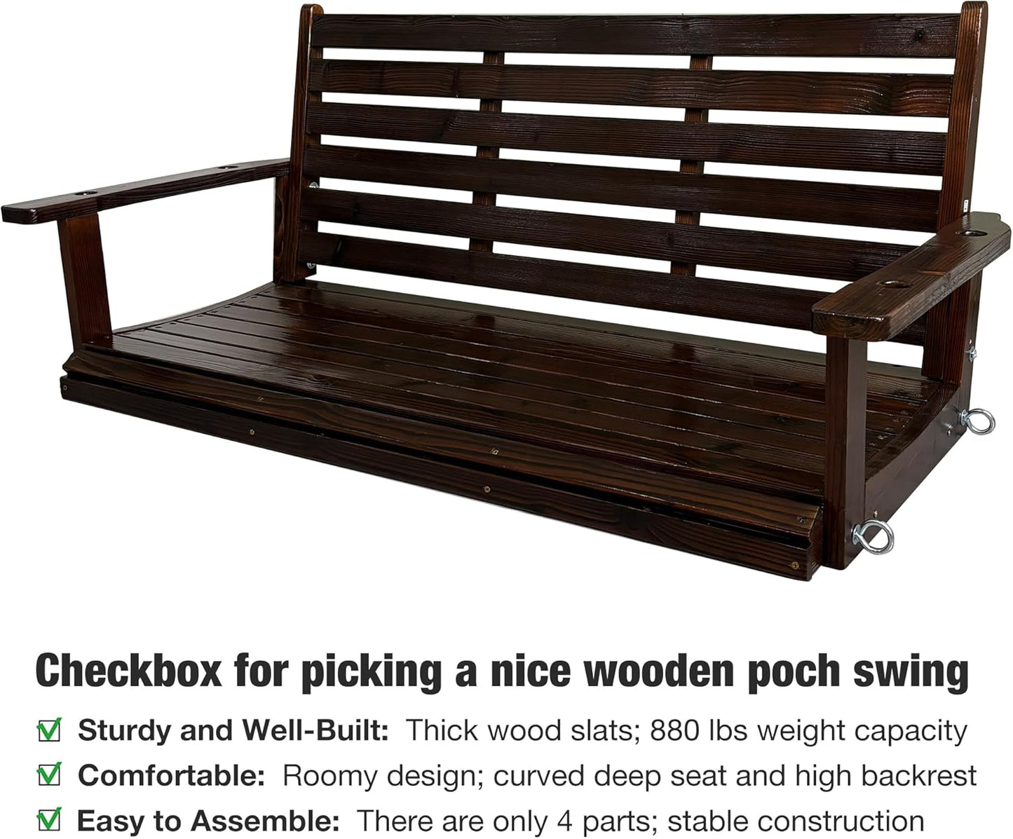 Wooden Porch Swing, Ergonomic Seat, Bench Swing with Hanging Chains and 7mm Springs, Heavy Duty 880 LBS, for Outdoor Patio Garden Yard (Dark Brown, 2-Seater Extra Large)