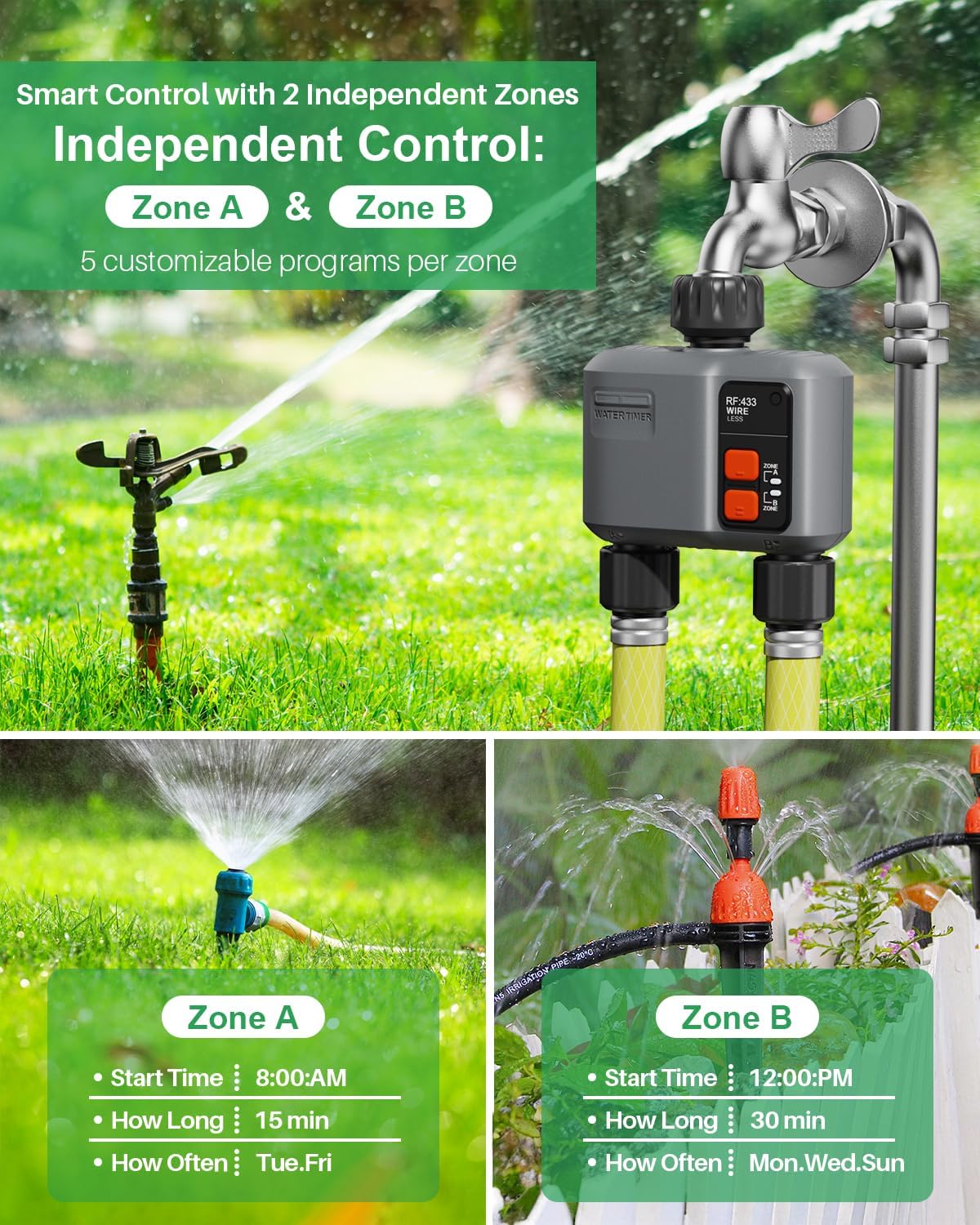 WiFi Sprinkler Timer 2 Zone with 984 Feet RF Gateway, 2 Outlet Smart Water Timer for Garden Hose with Rain Delay/Manual/Automatic,WiFi Water Hose Timers for Garden & Lawns