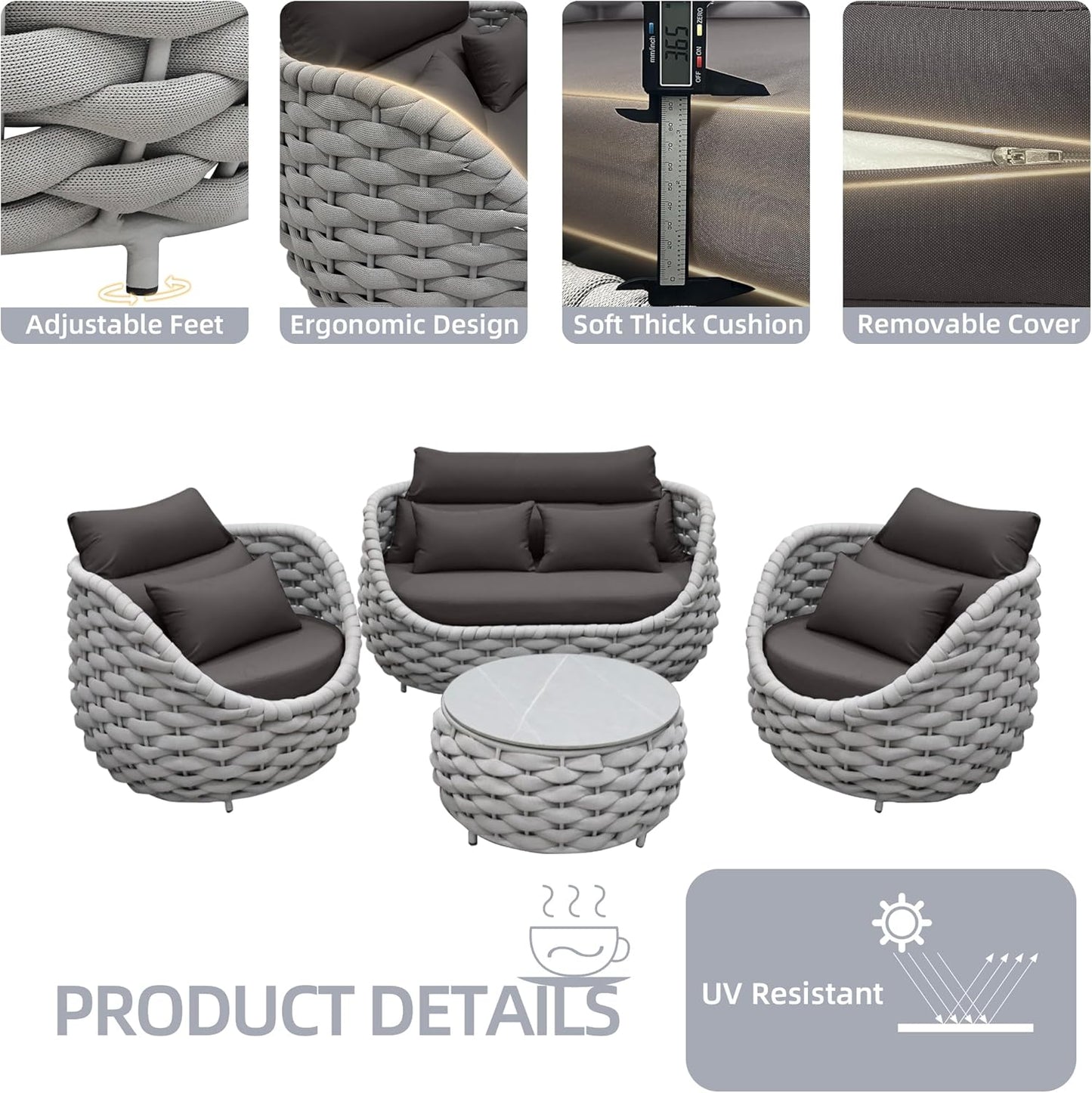 TWT 4 Pieces Aluminum Patio Furniture Set, Modern Outdoor Patio Furniture with Coffee Table, No Assembly Required Outdoor Conversation Set with Dark Grey Cushions for Balcony, Porch, Lawn