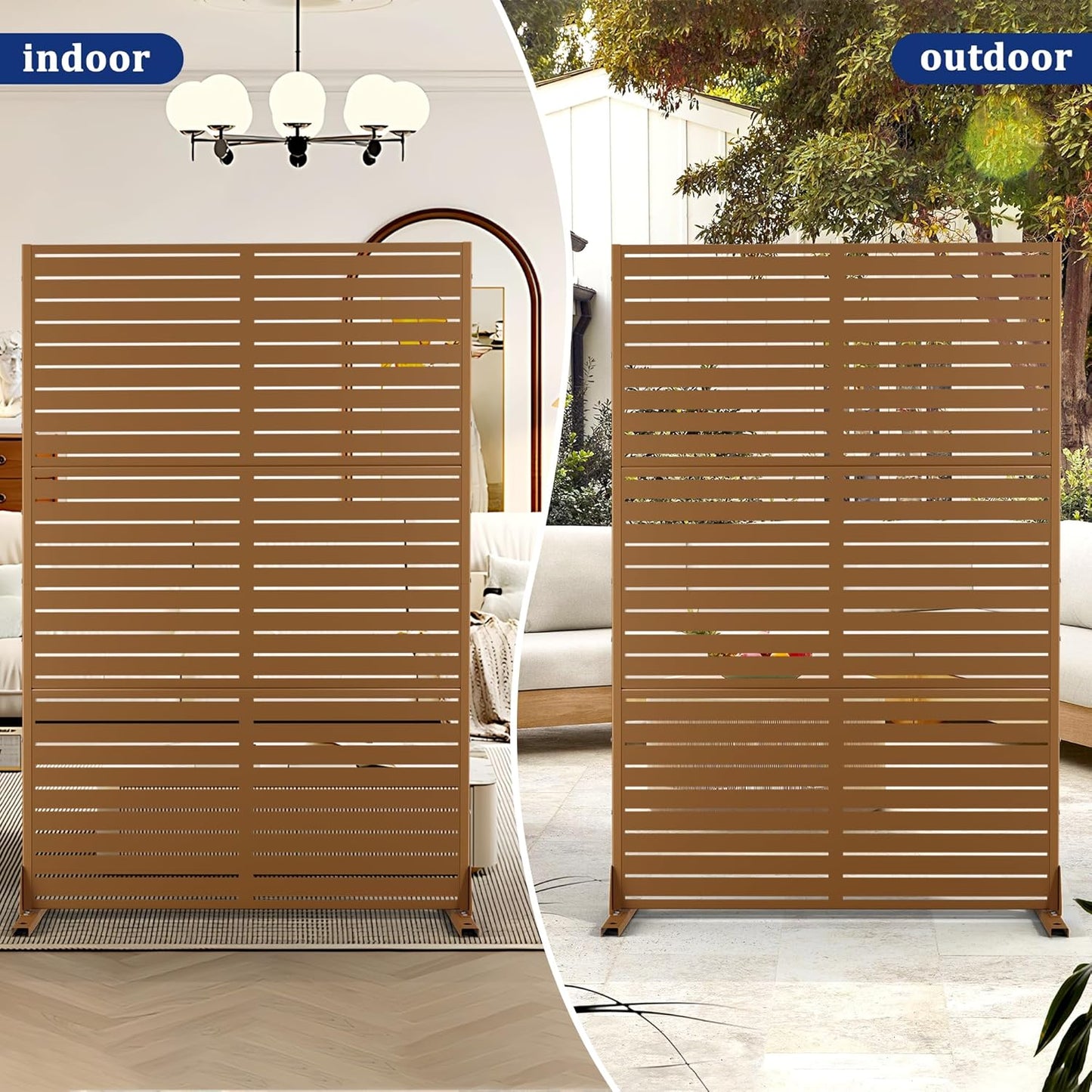 FENCY Outdoor Privacy Screen, 72" H×47" W Metal Privacy Screen, Outdoor Freestanding Privacy Screen & Panels for Deck Patio Balcony(Brown-Louvered)