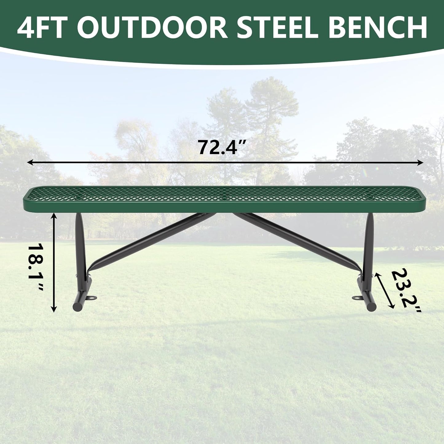 72" L Outdoor Steel Flat Bench, Heavy Duty Metal Park Bench for Outside, Expanded Metal, Commercial Benches Mesh Bench for Shopping Mall, Store, Lawn, Park, Patio, Deck, Garden (Green, 6FT)