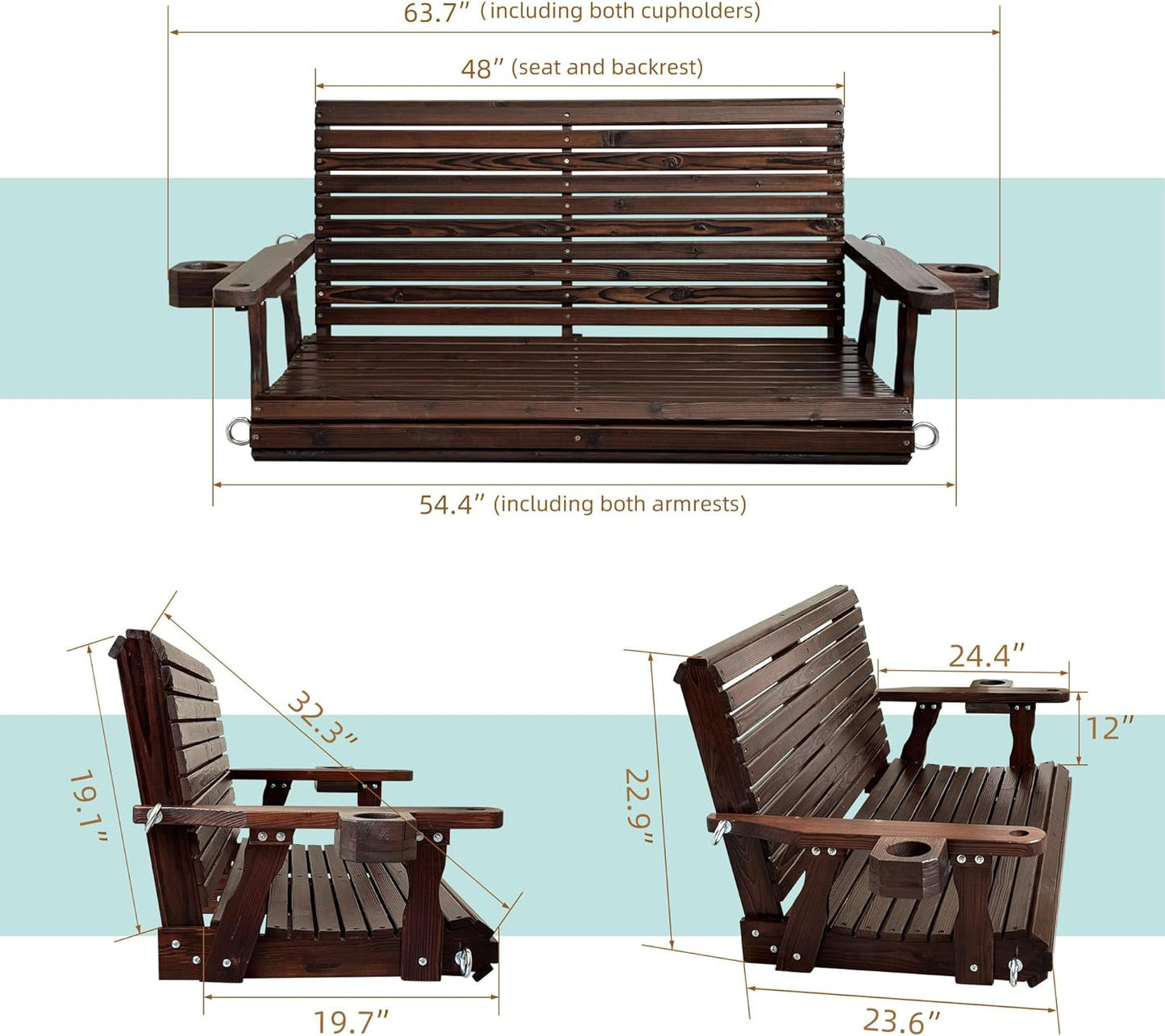 Wooden Porch Swing 2-Seater, High Backrest and Deep Seat, Bench Swing with Cupholders, Hanging Chains and 7mm Springs, Heavy Duty 880 LBS, for Outdoor Patio Garden (Deep Brown, 4.5 feet Extra-Large)