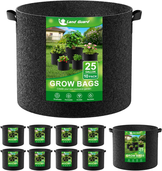 Land Guard 10-Pack Fabric Grow Bags 25 Gallon, Thickened Nonwoven Garden Pots, Growing Bags with Handles, Black