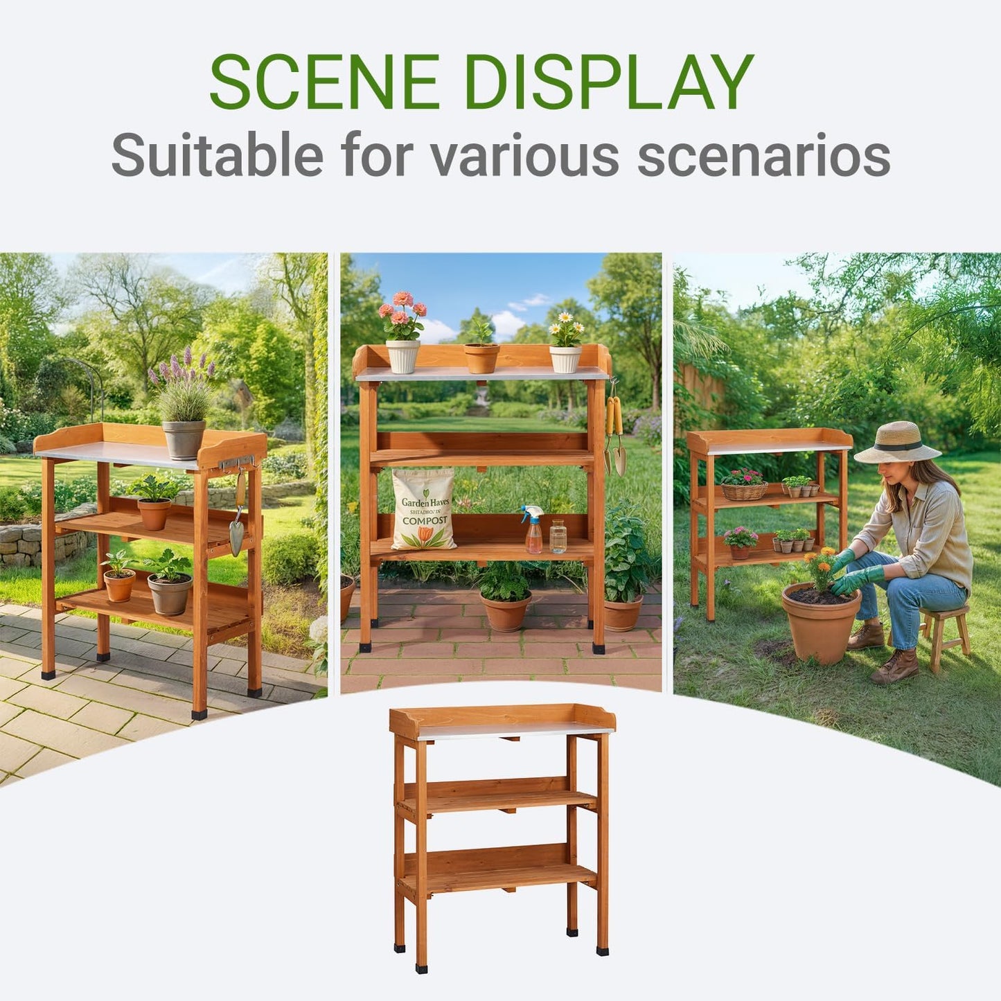 Outdoor Potting Bench Garden Work Station, Solid Wood Planting Table w/Sink Drawer Shelves,Metal Top, Folding Patio Furniture for Porch Balcony (29.1 x 14.2 x 35.6(Orange Yellow))