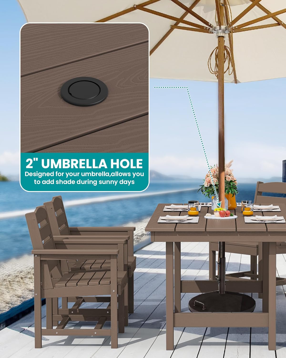 SERWALL Outdoor Dining Sets for 4, Outdoor HDPE Dining Furniture Set with Umbrella Hole Cut-Out Table and 4 Chairs, All Weather Dining Set, Coffee