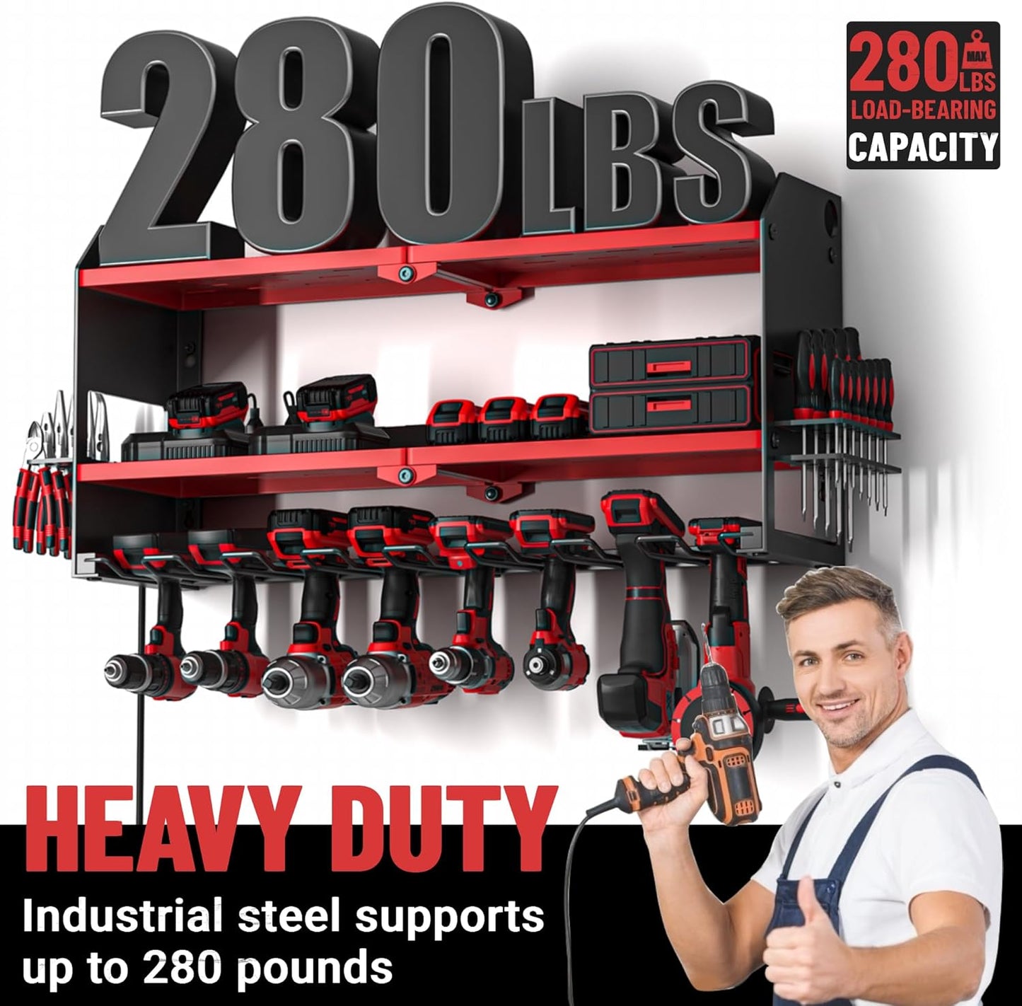 YYR Power Tool Organizer Wall Mount, Cordless Drill and Battery Holder, Electric Tools Hanger Storage Rack with Charging Station, Garage Organization Floating Shelf - Made of Heavy Duty Metal, Red