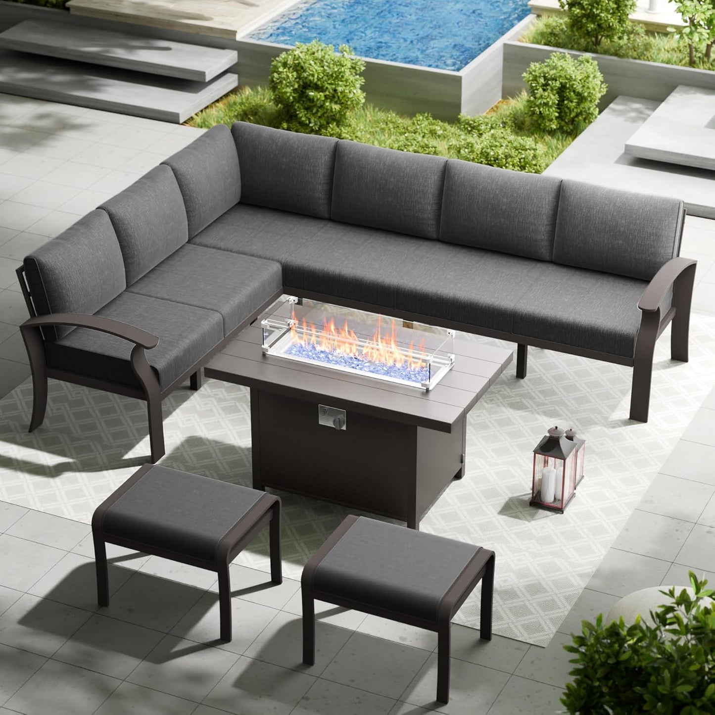 Aluminum Patio Furniture Set with Fire Pit Table, 8 Seats Outdoor Patio Conversation Set Modern Metal Patio Sectional Sofa w/5.1" Upgrade Cushions for Porch, Patio, Backyard(Grey).