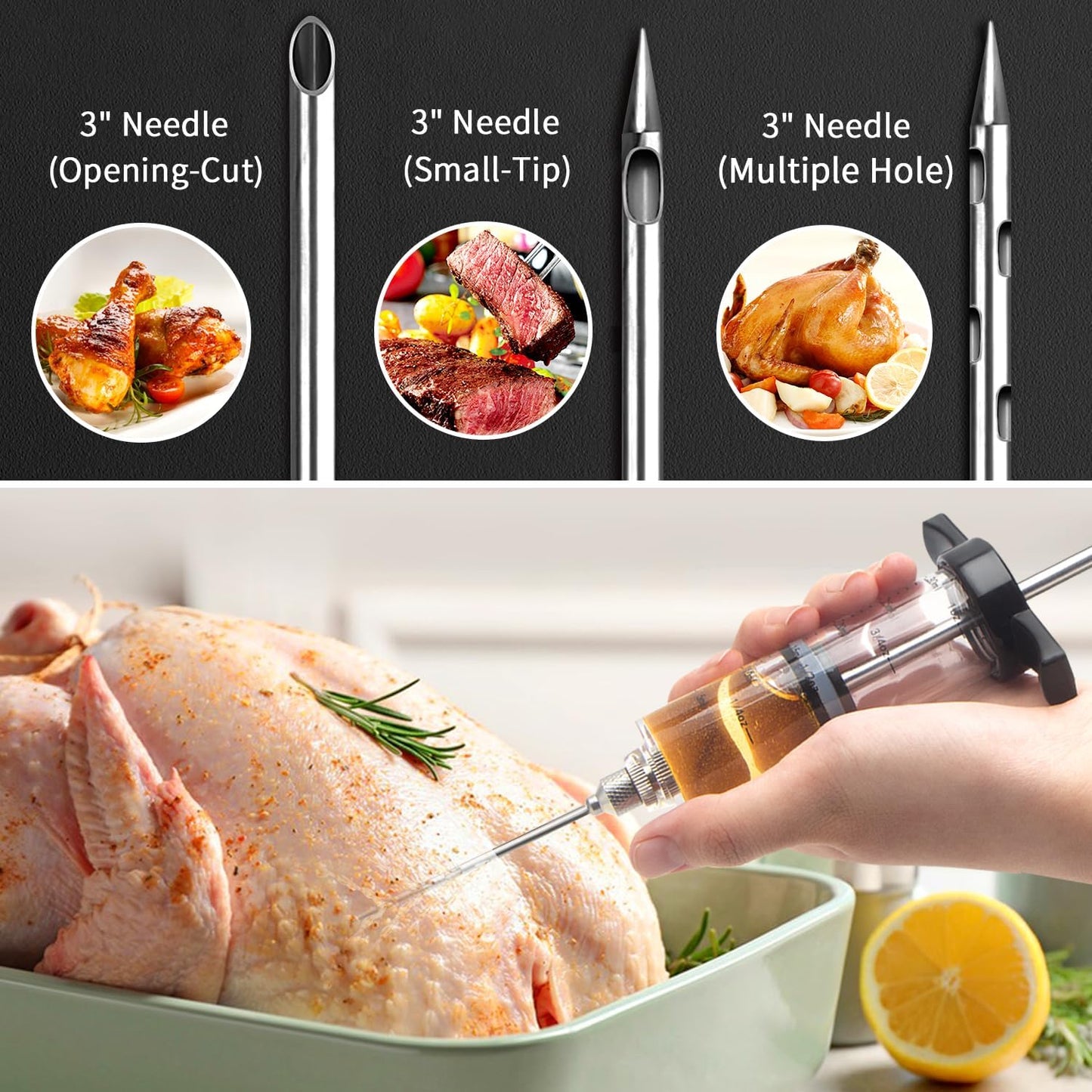 Plastic Meat Injector Kit for Smoker with 3 Flavor Food Syringe Needles, Ideal for Injecting Marinade into Turkey, Meat, Brisket; 1-OZ; Including Paper User Manual, Recipe E-Book (PDF)