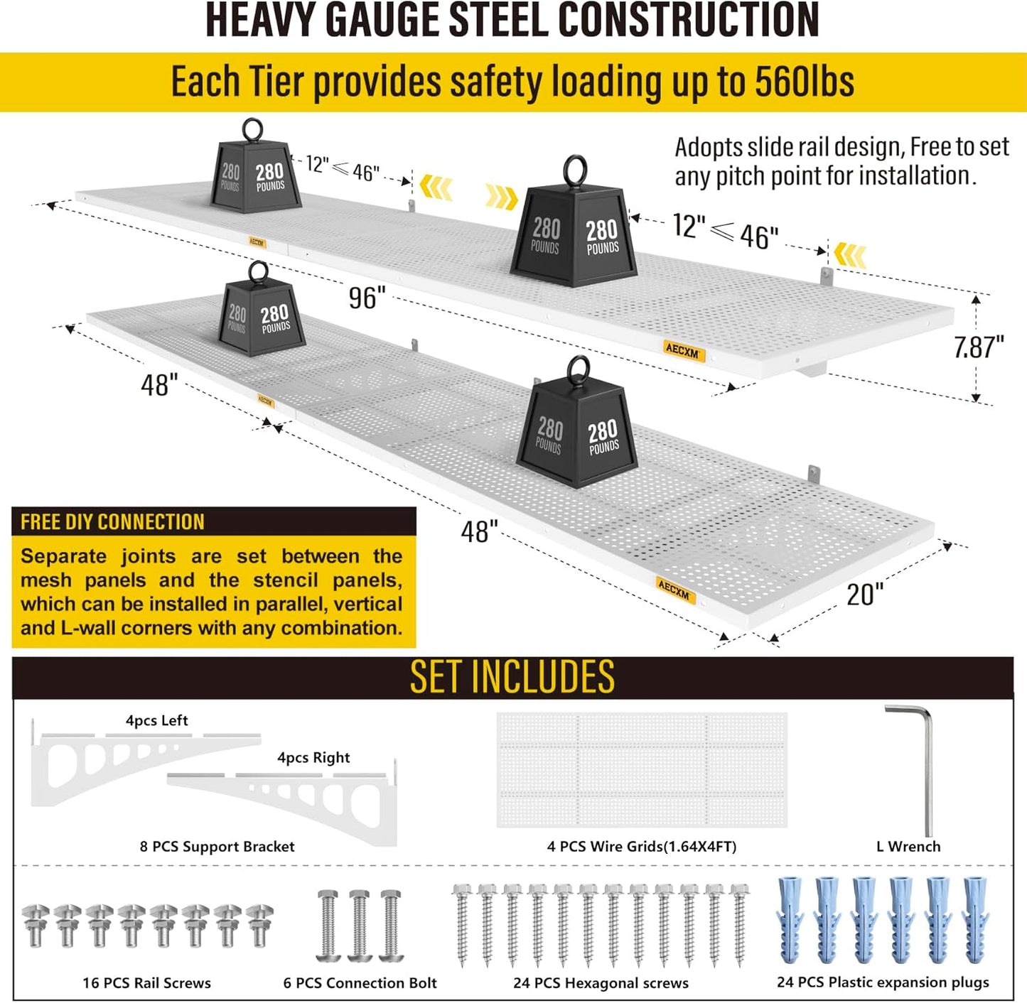 4-pack 1.64x4ft Adjustable Garage Wall Shelving 1120lbs Load Capacity Heavy Duty Wall Mounted Storage Shelf Metal Floating Shelves for Garage(White)