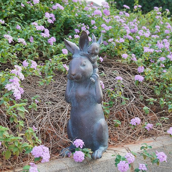 Rabbit Garden Statues Bunny Decorations - Easter Bunny Father with Baby Figurine Easter Gift Dark Gray Garden Spring Bunny Sulpture for Yard Framhouse Outdoor Décor 7*5.25*15.25 in Newman House Studio
