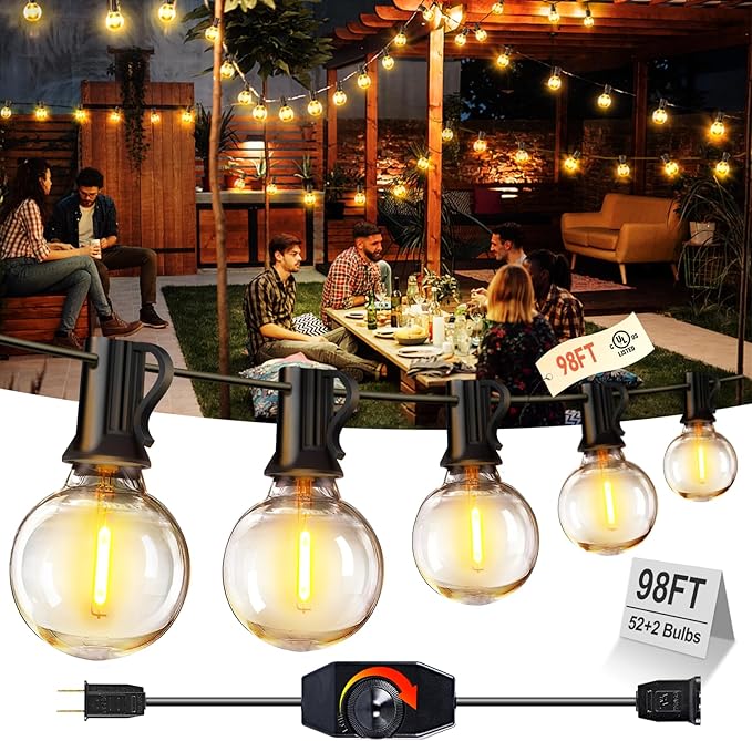 XURISEN Outdoor String Lights with Dimmer, 98FT LED Patio Lights for Outside with 52 Shatterproof G40 Globe Bulbs UL Listed Waterproof Hanging Lighting for Backyard Balcony Bistro Party Decor