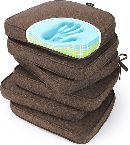 SUNROX Gel Memory Foam Chair Cushions, FadeShield Water-, Stain-Resistant Durable Reversible Seat Cushion Pads with Ties for Indoor/Outdoor Kitchen Dining Office 17"x16" Set of 6, Heather Chestnut