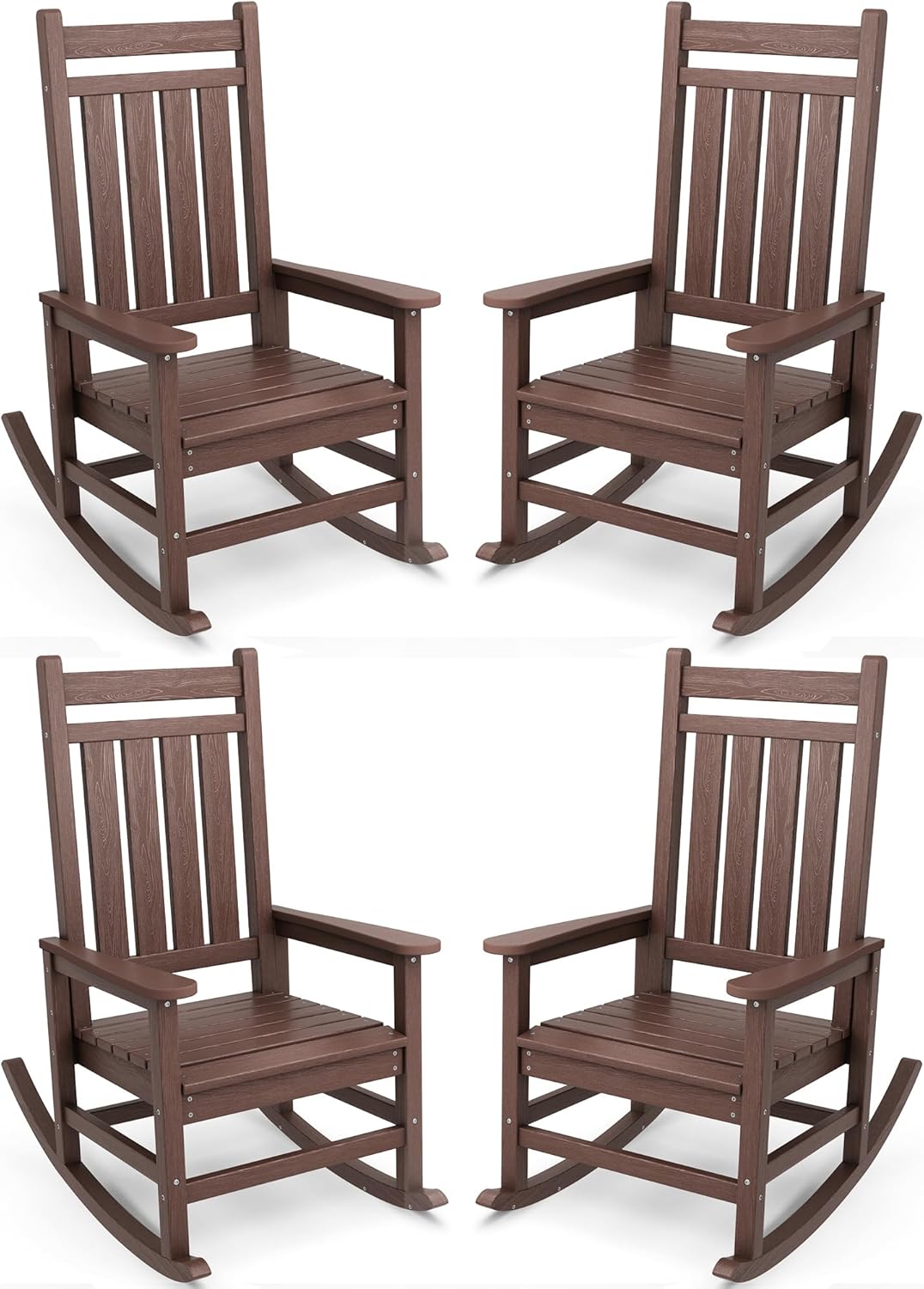 SERWALL Outdoor Rocking Chair Set of 4, HDPE Rocking Chairs for Adult, All Weather Porch Rockers for Lawn Garden, Brown