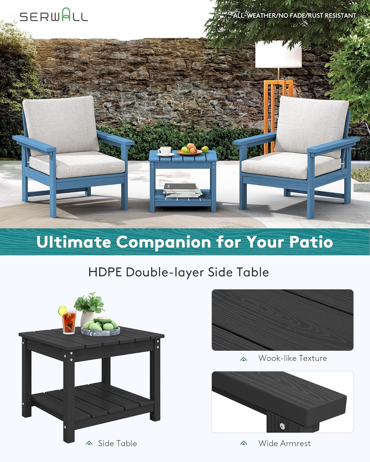 SERWALL HDPE Patio Sofa Set, 3-Piece Sectional Outdoor Furniture Set, All Weather Outdoor Couch Set Patio Furniture Set for Deck, Lawn, Blue Frame with Grey Cushion